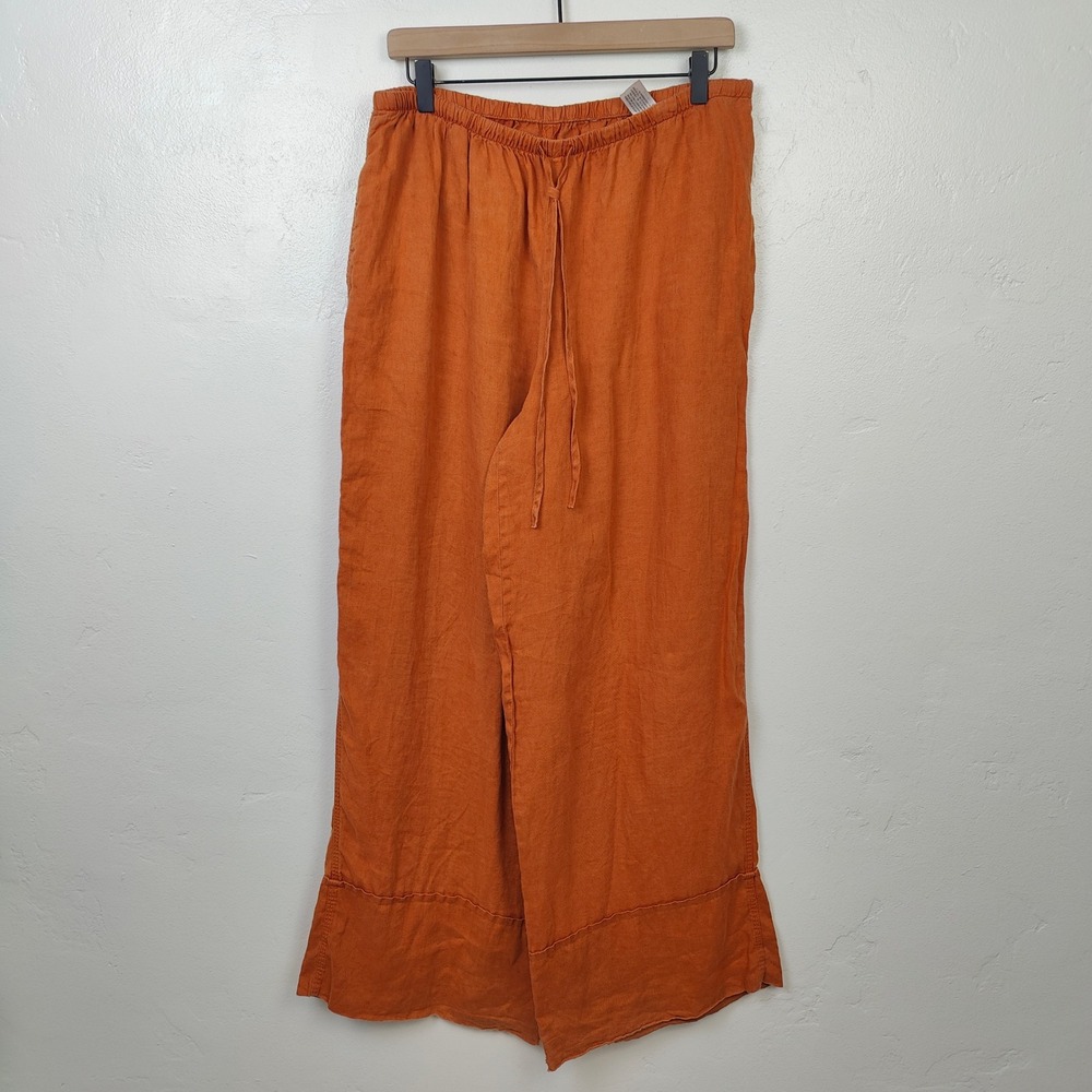 Zara Womens Wide Leg Pants XL Orange 100% Linen Drawstring Coastal Summer - Picture 2 of 11